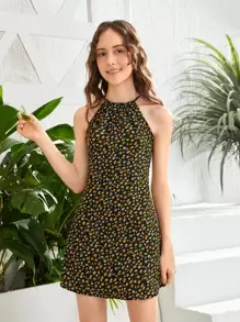 SHEIN Kỳ nghỉ dành cho cô gái tuổi teen/Đầm cổ có hoa đơn giản Ditsy - Nhiều màu - Xem 3