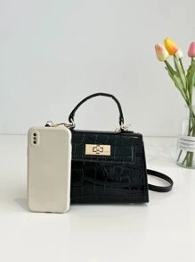 時尚新款實色鱷魚紋迷你手提包，簡約時尚通勤斜挎袋女士款 - 黑色 - 查看 3