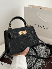 時尚新款實色鱷魚紋迷你手提包，簡約時尚通勤斜挎袋女士款 - 黑色 - 查看 5