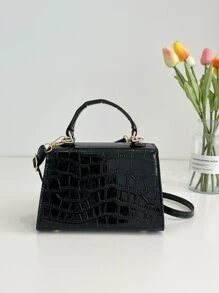時尚新款實色鱷魚紋迷你手提包，簡約時尚通勤斜挎袋女士款 - 黑色 - 查看 7