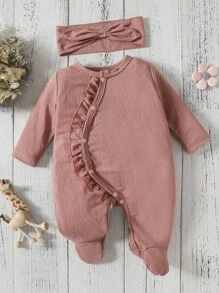 嬰兒女孩荷葉邊睡衣連襪連身衣和頭帶 - 藕粉色 - 查看 1