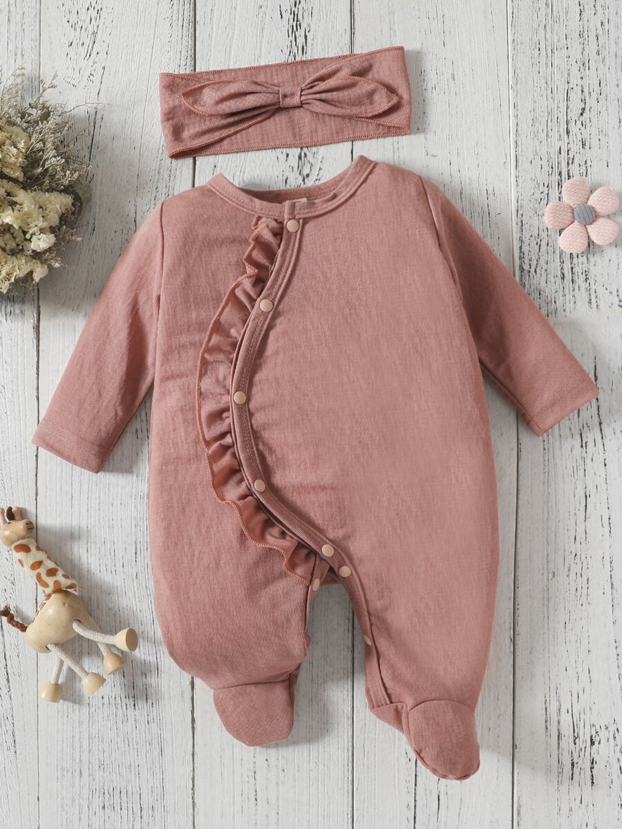 嬰兒女孩荷葉邊睡衣連襪連身衣和頭帶 - 藕粉色 - 查看 1