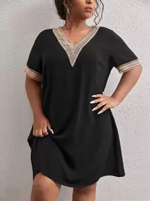 SHEIN LUNE Plus Contrast Guipure Lace Tunic Dress - Black - View 1