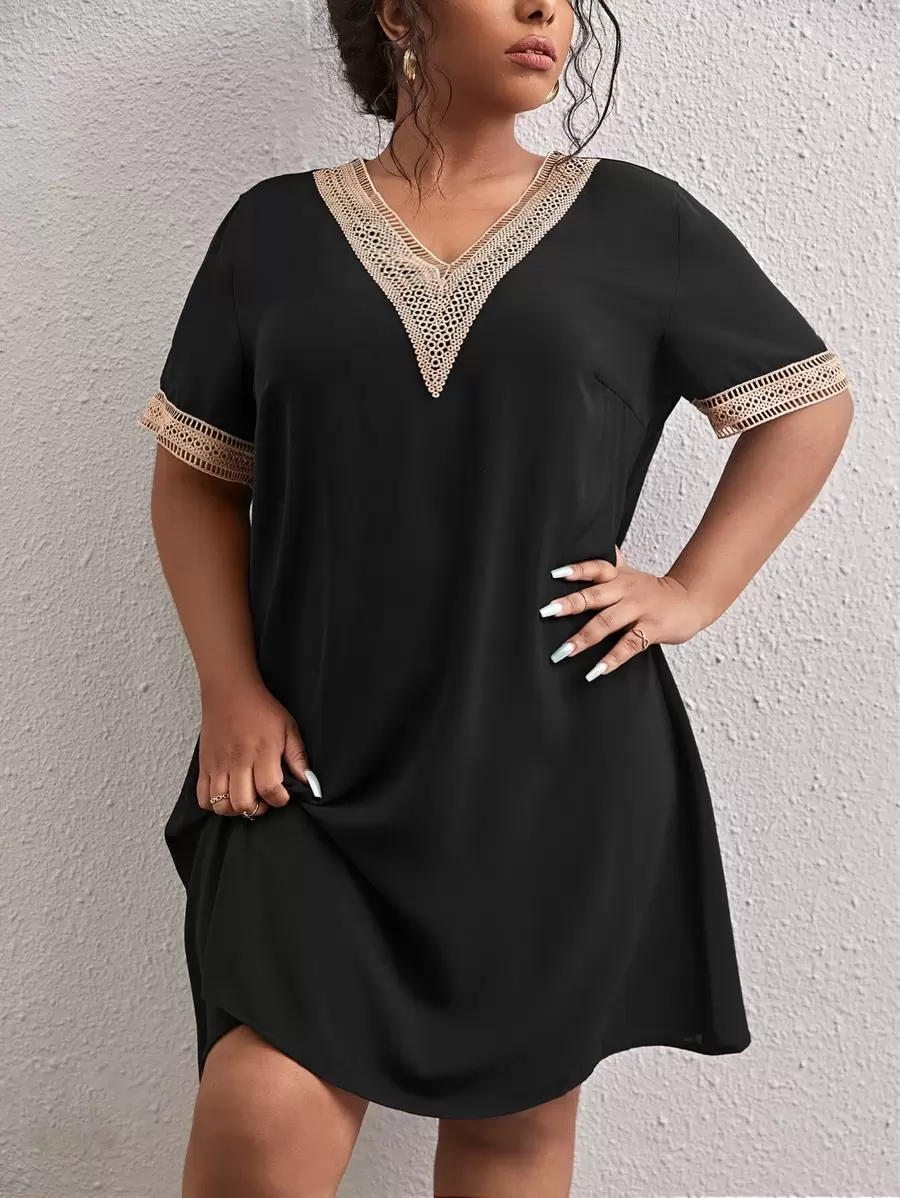 SHEIN LUNE Plus Contrast Guipure Lace Tunic Dress - Black - View 1