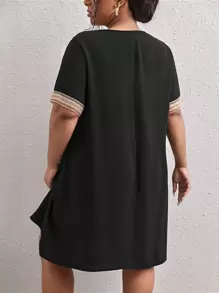 SHEIN LUNE Plus Contrast Guipure Lace Tunic Dress - Black - View 2