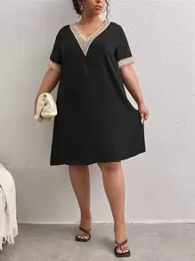 SHEIN LUNE Plus Contrast Guipure Lace Tunic Dress - Black - View 3