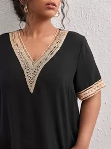 SHEIN LUNE Plus Contrast Guipure Lace Tunic Dress - Black - View 5