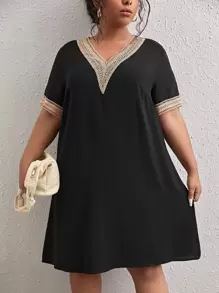 SHEIN LUNE Plus Contrast Guipure Lace Tunic Dress - Black - View 6