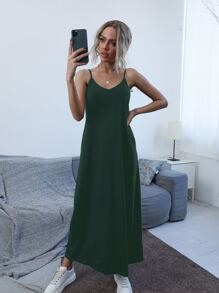 SHEIN LUNE Slant Pocket Solid Cami Dress - Dark Green - View 4