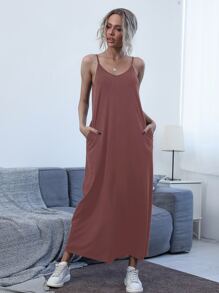 SHEIN Unity 傾斜口袋素色吊帶連衣裙 - 紅木色 - 查看 1