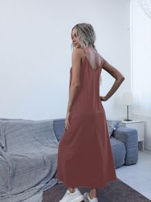 SHEIN Unity 傾斜口袋素色吊帶連衣裙 - 紅木色 - 查看 2