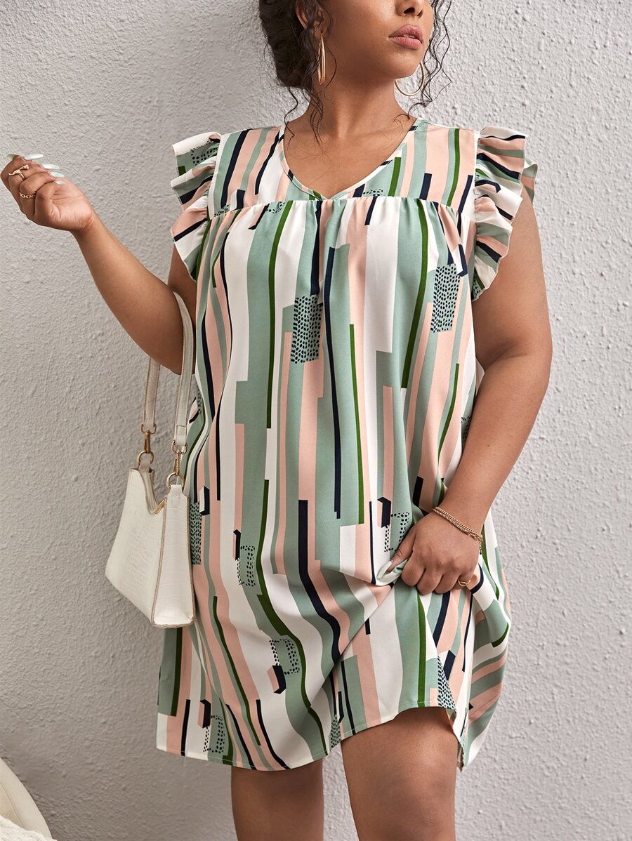 SHEIN LUNE Plus Geo Print Flutter Sleeve Dress