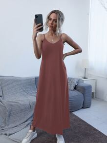 SHEIN Unity 傾斜口袋素色吊帶連衣裙 - 紅木色 - 查看 5