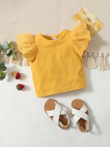 SHEIN 嬰兒網眼刺繡蝴蝶袖上衣 - 黃色 - 查看 1