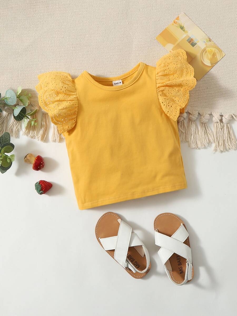 SHEIN 嬰兒網眼刺繡蝴蝶袖上衣 - 黃色 - 查看 1