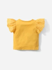 SHEIN 嬰兒網眼刺繡蝴蝶袖上衣 - 黃色 - 查看 2