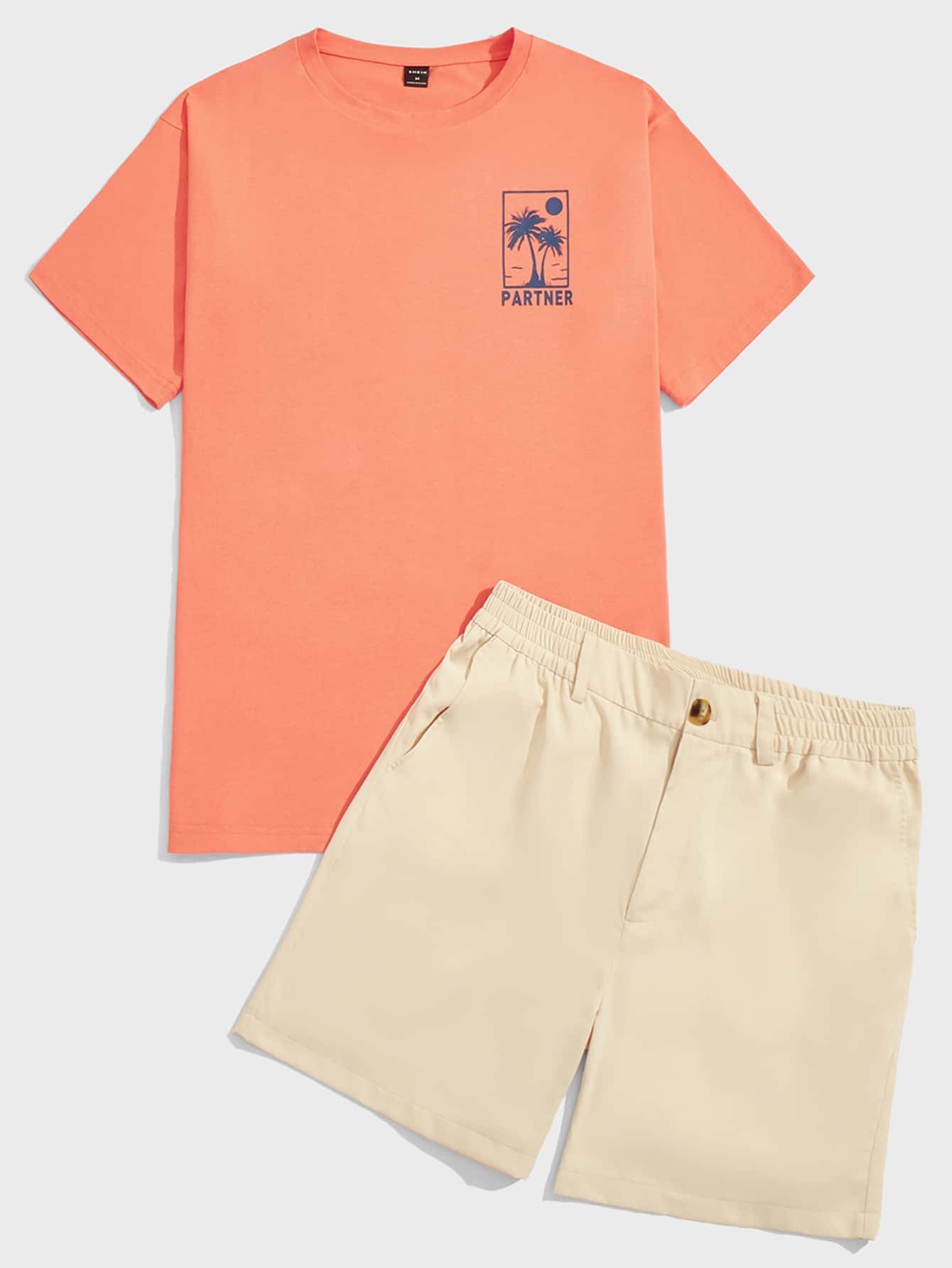 Manfinity Men Palm Tree & Letter Graphic Tee & Shorts - Multicolor - View 1