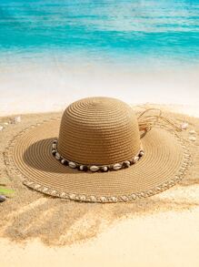 Shell Decor Straw Hat Bow - Khaki - View 2