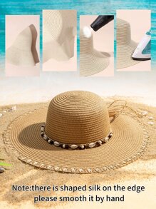 Shell Decor Straw Hat Bow - Khaki - View 3