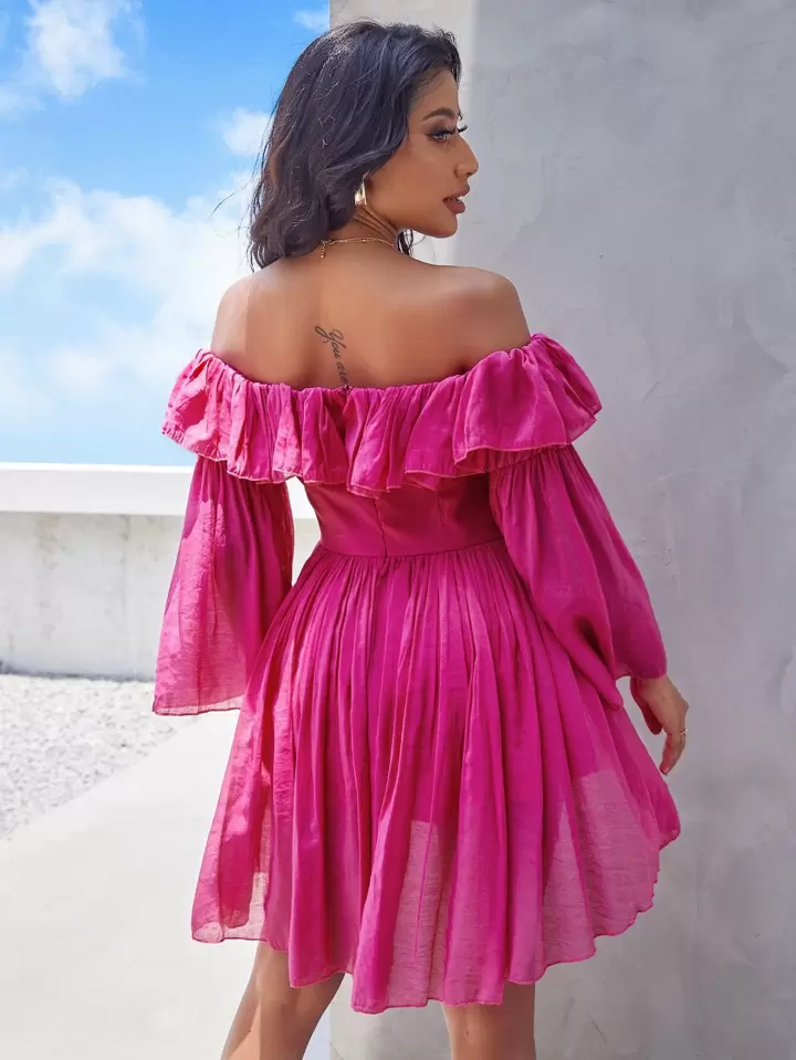 off shoulder ruffle trim trumpet sleeve dress Feyla Elegant Ruffle Trim Waist Open Shoulder Strap Women Dress Women's Red  Dress Red Off Shoulder Dress Red Ruffle Dress Elegant Red Dress