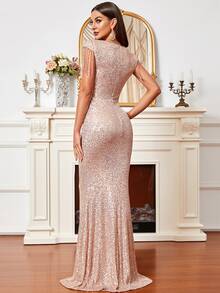 Missord Fringe Trim Sequin Formal Dress - Champagne - View 3