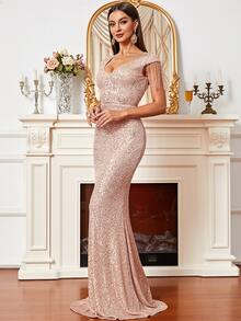 Missord Fringe Trim Sequin Formal Dress - Champagne - View 5