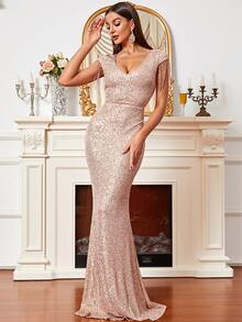 Missord Fringe Trim Sequin Formal Dress - Champagne - View 6