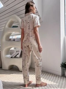 LuxeNights 花卉印花撞色滚边缎面上衣和裤子睡衣套装 / 睡衣套装 - 杏色 - 查看 2