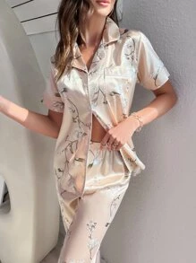 LuxeNights 花卉印花撞色滚边缎面上衣和裤子睡衣套装 / 睡衣套装 - 杏色 - 查看 6