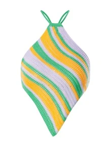 SHEIN VCAY Striped Lace Up Backless Asymmetrical Hem Knit Top - Multicolor - View 1