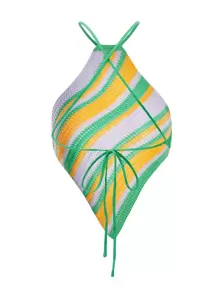 SHEIN VCAY Striped Lace Up Backless Asymmetrical Hem Knit Top - Multicolor - View 2