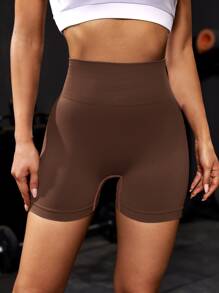 Yoga Basic 無縫緊縮褶皺臀部寬腰帶運動短褲 - 巧克力棕 - 查看 5