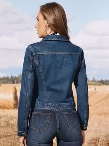 SHEIN Essnce Button Front Flap Pocket Trucker Denim Jacket - Dark Wash - View 2