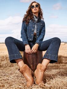 SHEIN Essnce Button Front Flap Pocket Trucker Denim Jacket - Dark Wash - View 5