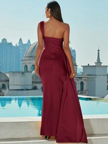 Asymmetrical Neck Wrap Hem Satin Floor Length Formal Gown Elegant Prom Evening Wedding Guest Dress, For Graduation, Dinner Party Dress - Maroon - View 3