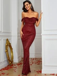 一字肩及地亮片正式禮服