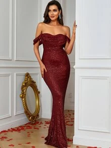 一字肩及地亮片正式禮服