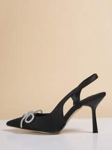 Satin Bow Decor Point Toe Slingback Pumps - Black - View 2