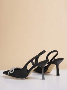Satin Bow Decor Point Toe Slingback Pumps - Black - View 4