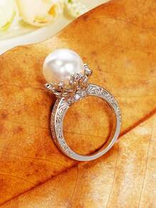 1pc Pretty White Cubic Zirconia & Faux Pearl Ring For Women Wedding Party Valentine's Day Gift - Silver - View 4