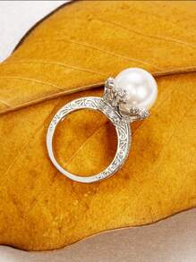 1pc Pretty White Cubic Zirconia & Faux Pearl Ring For Women Wedding Party Valentine's Day Gift - Silver - View 8