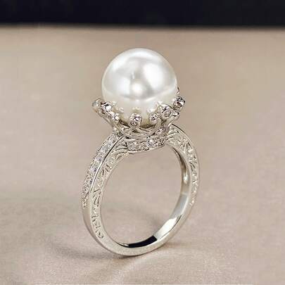 1 件漂亮白色方晶锆石和人造珍珠戒指，适合女士婚礼派对情人节礼物