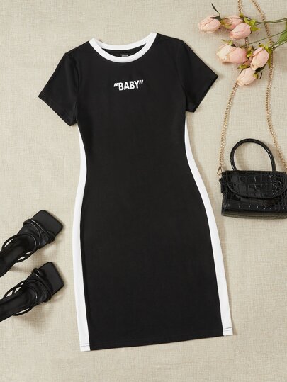 SHEIN EZwear Letter Graphic Contrast Side Seam Dress Sporty Dresstshirt Dress Women