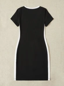 SHEIN EZwear Letter Graphic Contrast Side Seam Dress Sporty Dresstshirt Dress Women - Black - View 2