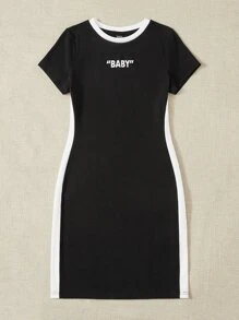 SHEIN EZwear Letter Graphic Contrast Side Seam Dress Sporty Dresstshirt Dress Women - Black - View 5