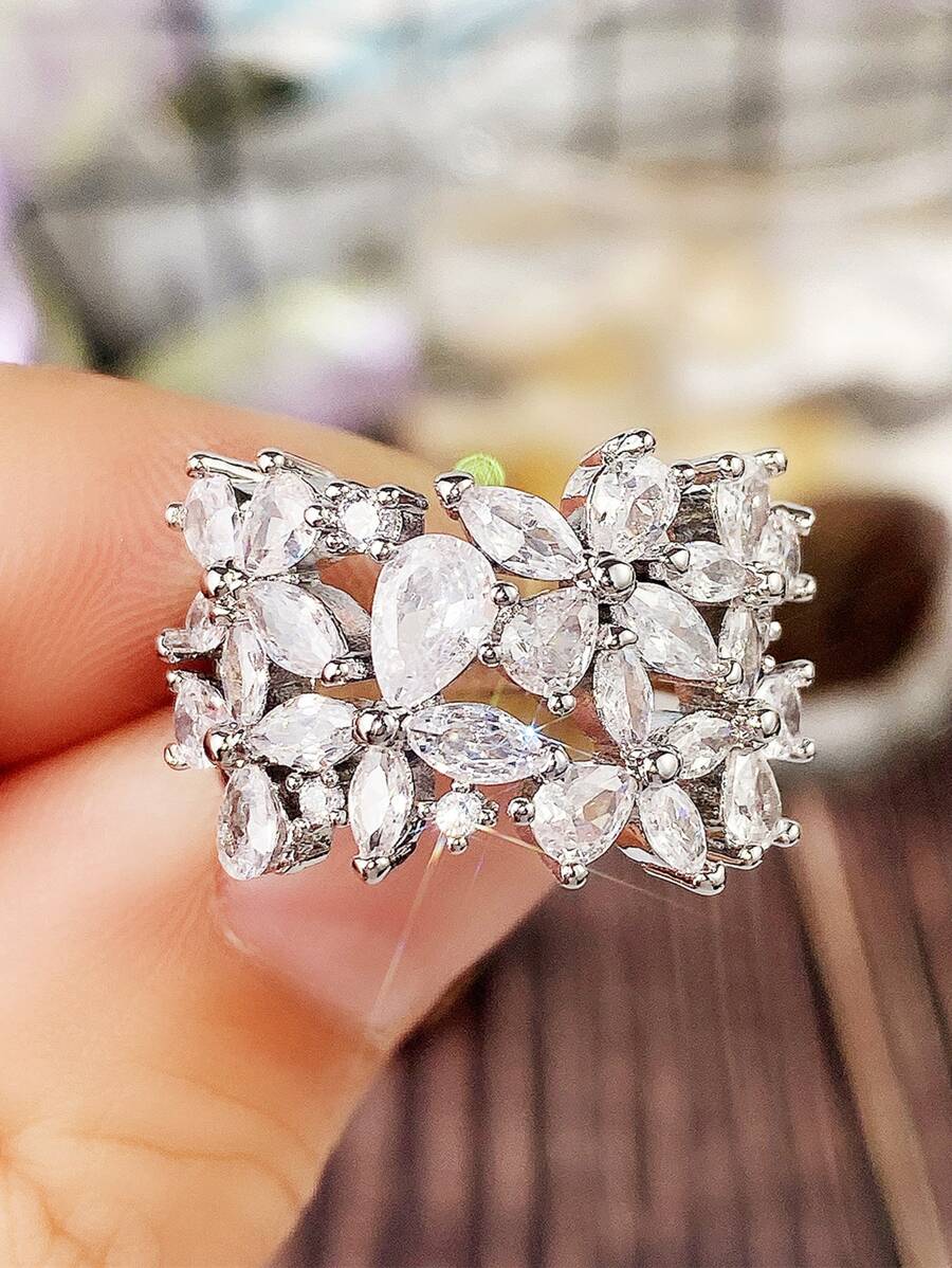 1 件迷人方晶锆石戒指，适合女士，情人节礼物，婚礼订婚珠宝，情人节、妈妈、母亲、母亲节、礼物 - 銀色 - 查看 1