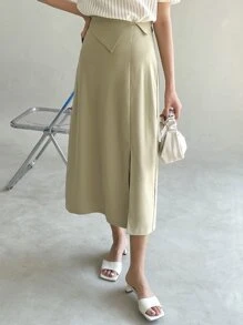 DAZY Tie Back Split Hem Skirt - Khaki - View 1