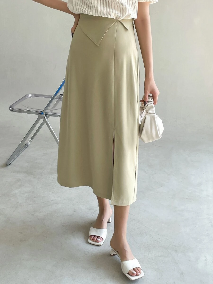 DAZY Tie Back Split Hem Skirt - Khaki - View 1