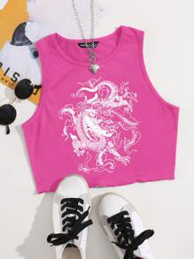 SHEIN Unity Chinese Dragon Graphic Lettuce Trim Tank Top - Hot Pink - View 1