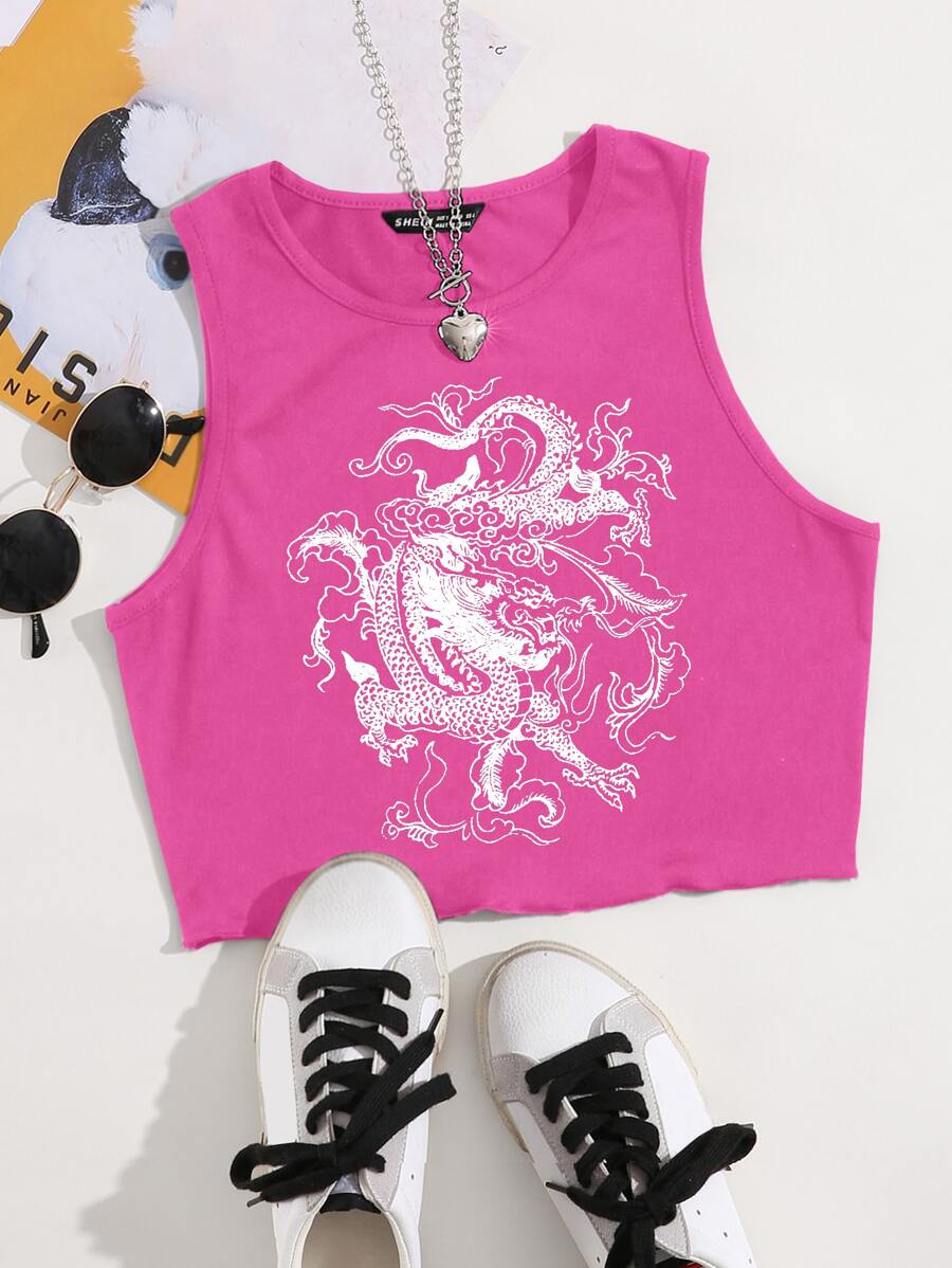 SHEIN Unity Chinese Dragon Graphic Lettuce Trim Tank Top - Hot Pink - View 1